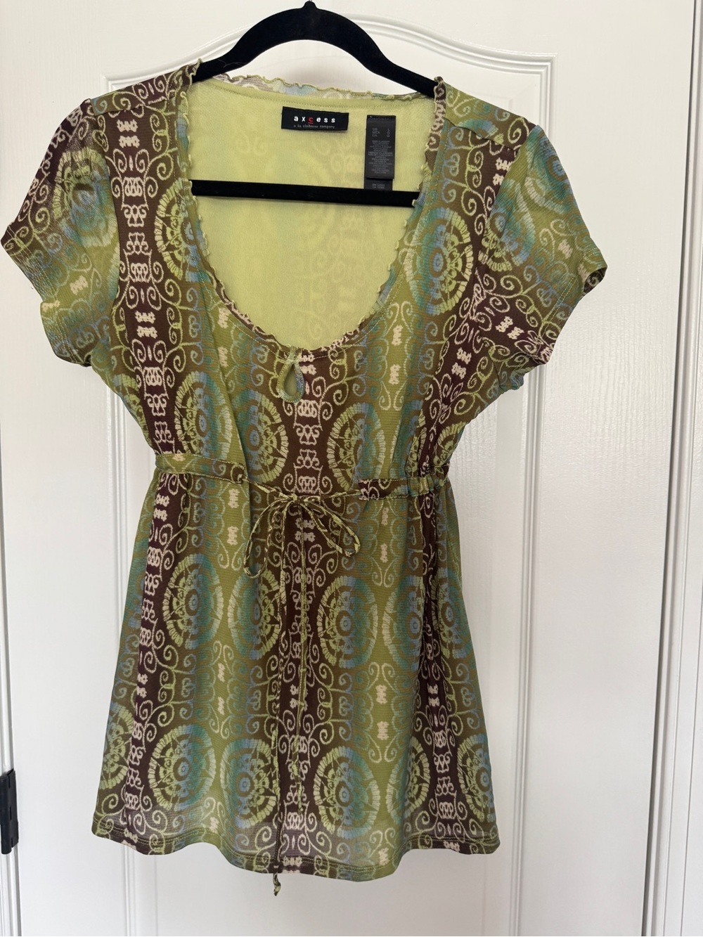 Axcess Green, Brown and Blue Printed Tie-Waist Tunic Top